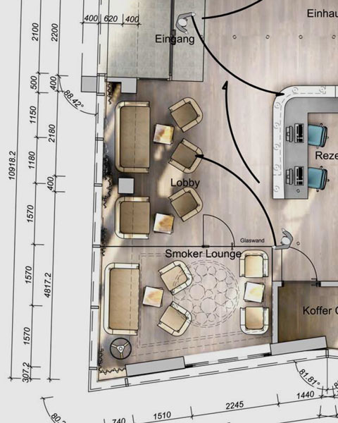 Grundriß-Plan eines Hotelfoyers, mit PYTHA geplant