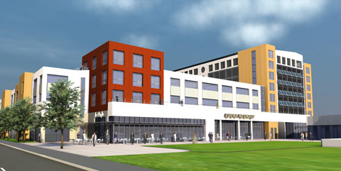 Newly built railway station including a shopping center, rendered with PYTHA